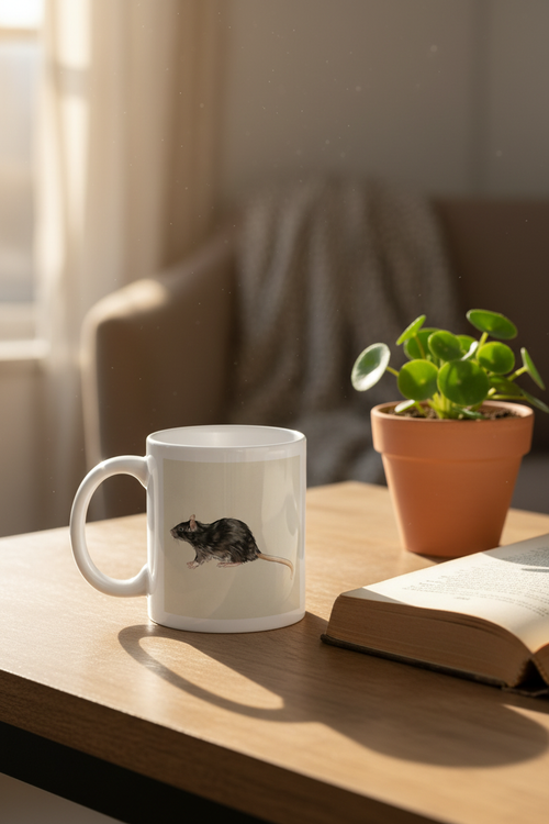 Cute rat mug on a cosy wooden desk with warm morning light