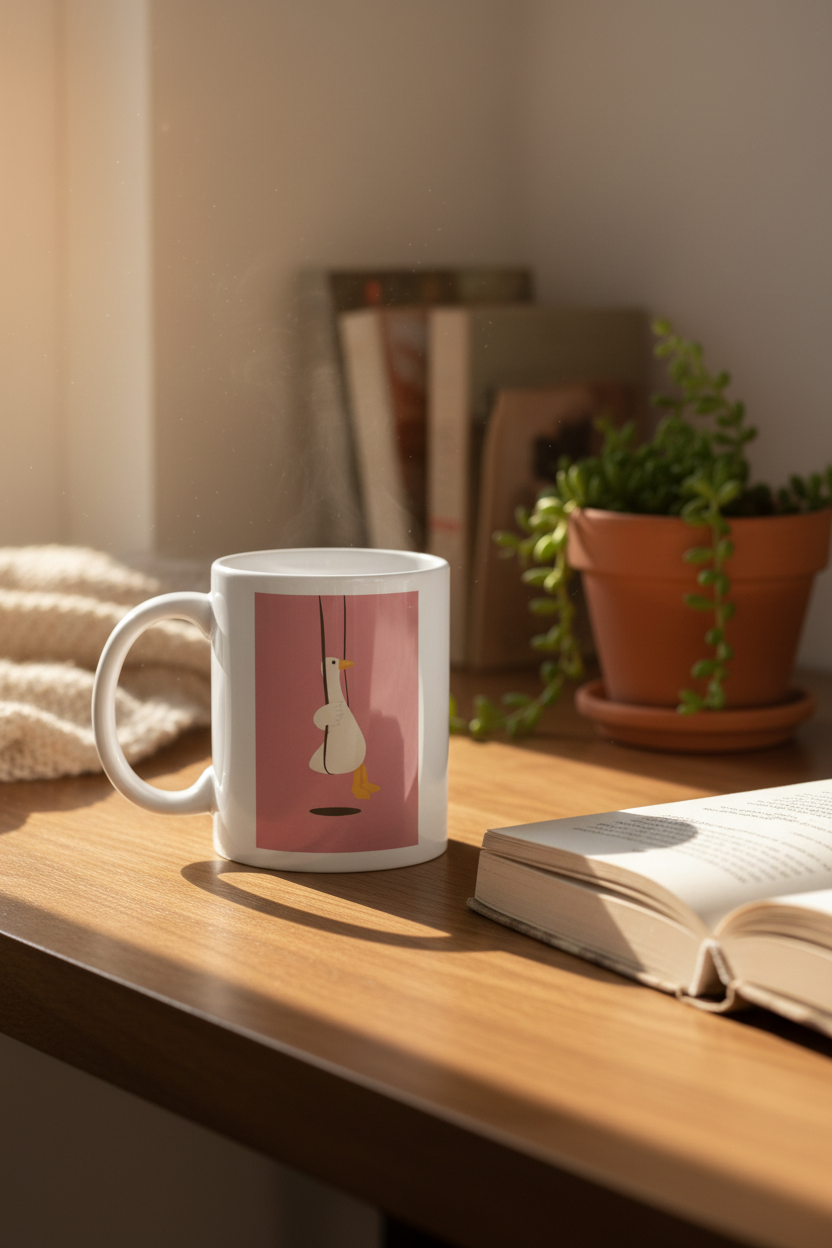 Goose mug on a cosy wooden desk with warm morning light