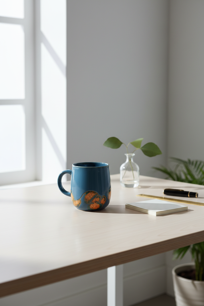 Steel blue custom ceramic mug on a clean modern desk
