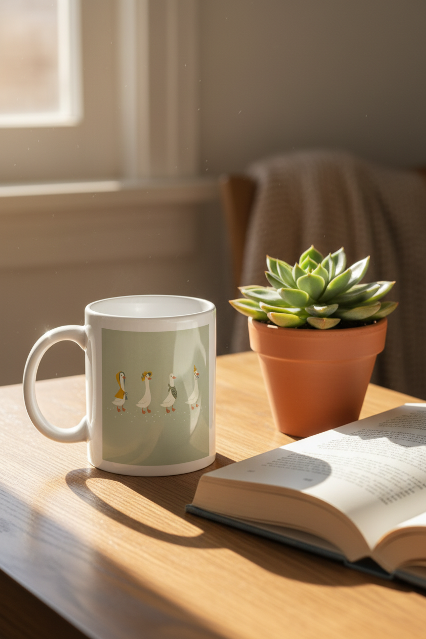 Geese mug on a cosy wooden desk with warm morning light