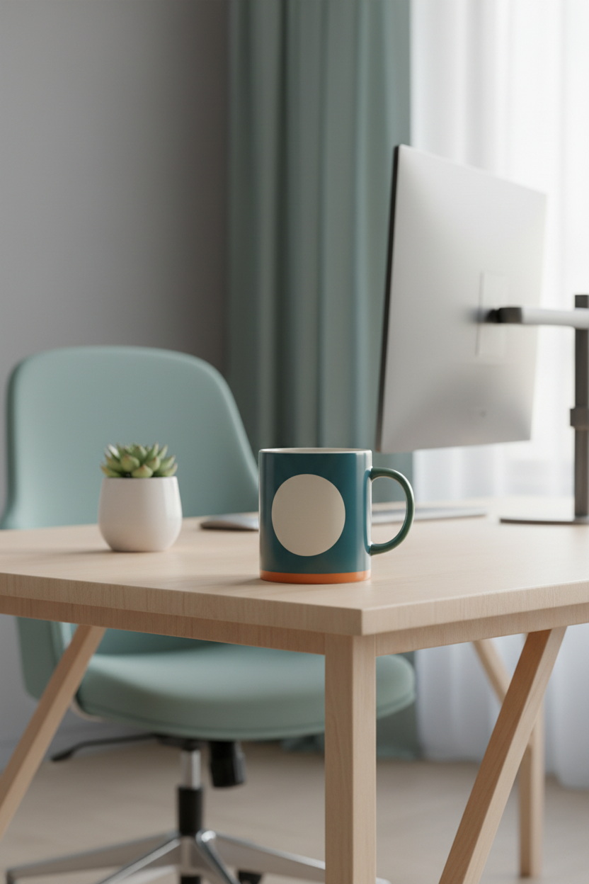 Teal slate logo ceramic mug on a sleek modern desk