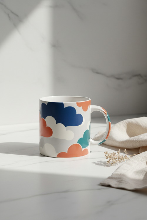Minimalist cloud ceramic mug on a serene white marble surface