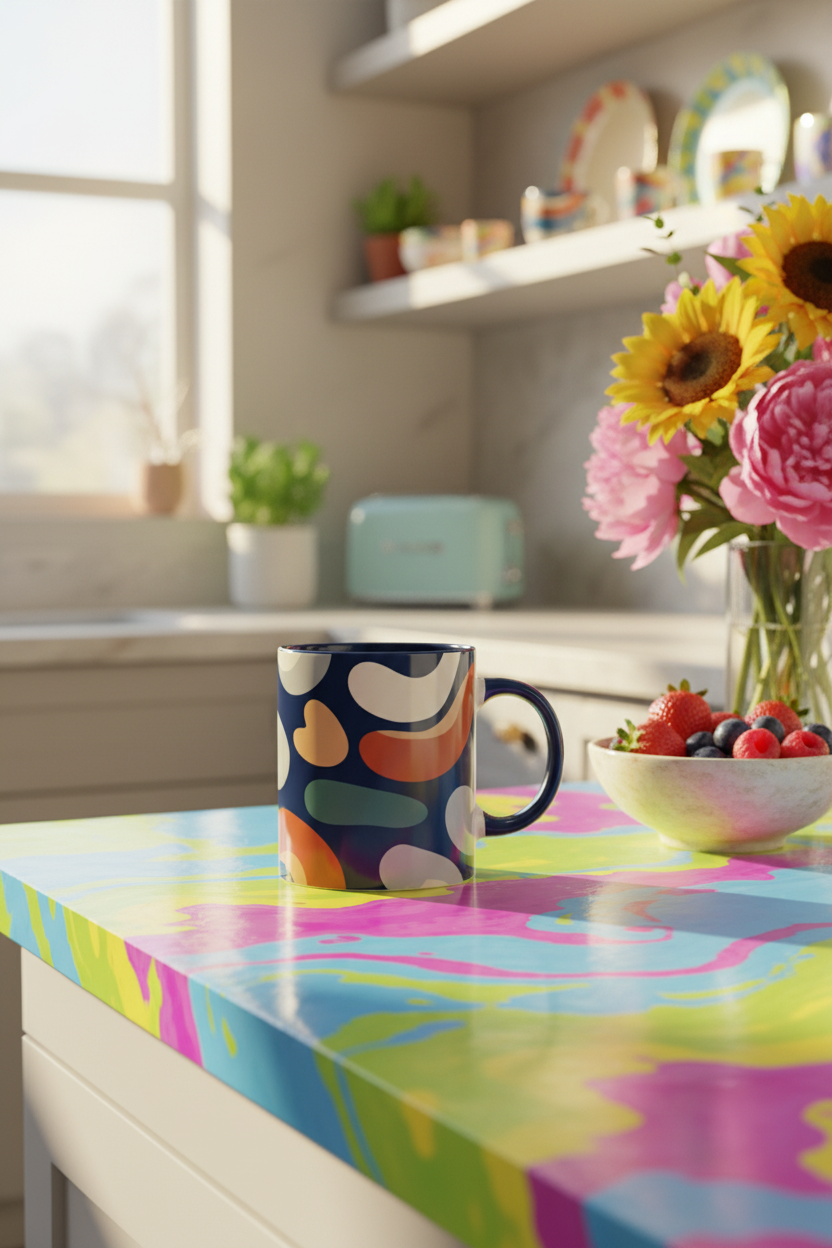 Tangerine graphic ceramic mug on a bright colourful kitchen counter